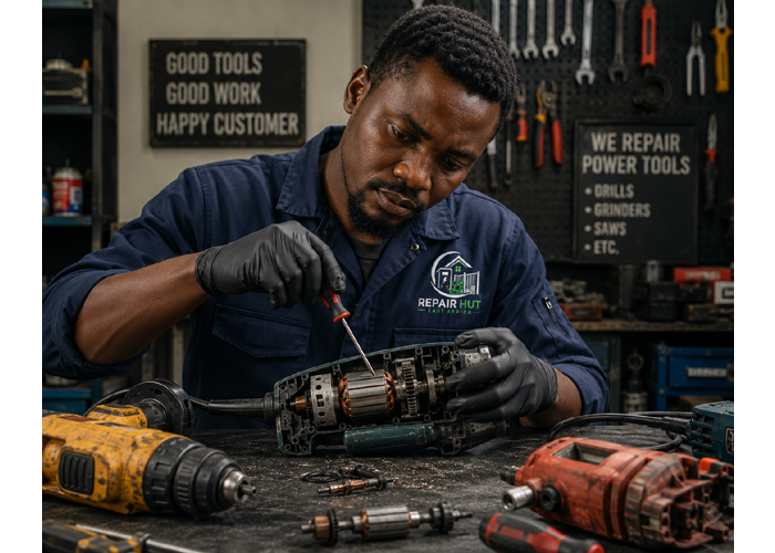 Power Tools Repair in Nairobi, Kenya Overview: Downtime on your power tools means lost productivity. Repair Hut EA provides professional power tool repair services for contractors, technicians, farms, and small businesses across Kenya. We repair a wide range of power tools including drills, grinders, jigsaws, circular saws, and more. Our repair services cover: • Motor rewinding and replacement • Switch and trigger replacement • Carbon brush replacement • Gear and chuck servicing • Armature testing and replacement • Power cord and socket replacement • General servicing and cleaning We service tools from leading brands, restoring your equipment to full working order at a fraction of the replacement cost.